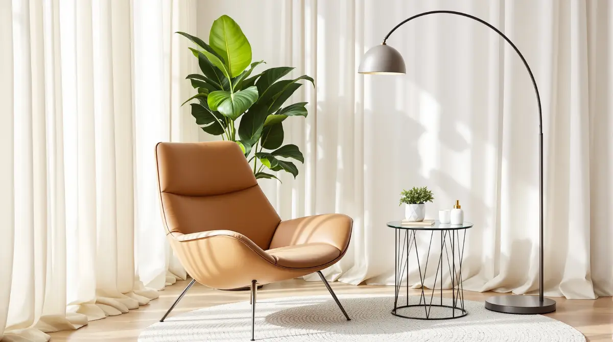 Petit coin lecture lumineux avec fauteuil, lampe arquée et table d’appoint en verre, ambiance scandinave moderne et épurée.