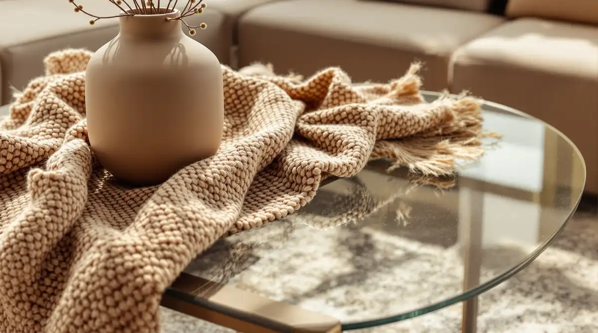 Gros plan d’une table basse en verre avec vase en céramique mate et plaid bouclé, dans une palette sable et terracotta légère.