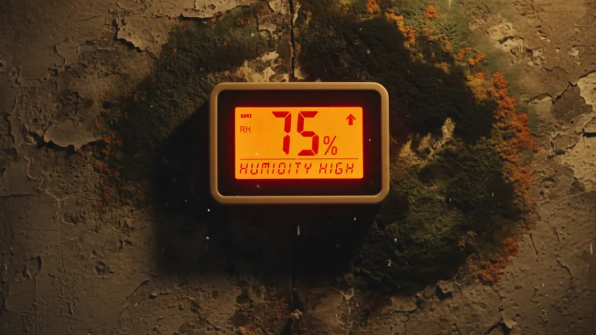 Hygromètre digital affichant 75% d'humidité dans cave avec moisissures visibles sur mur - signes d'humidité excessive