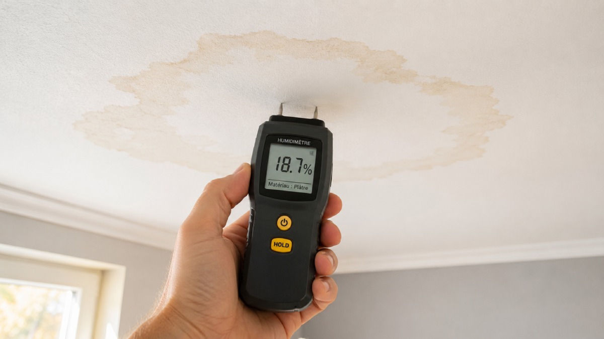 Une auréole d'humidité aux contours beige clair en cours de séchage sur un plafond en plâtre blanc, avec une main tenant un humidimètre à pointes contre la zone