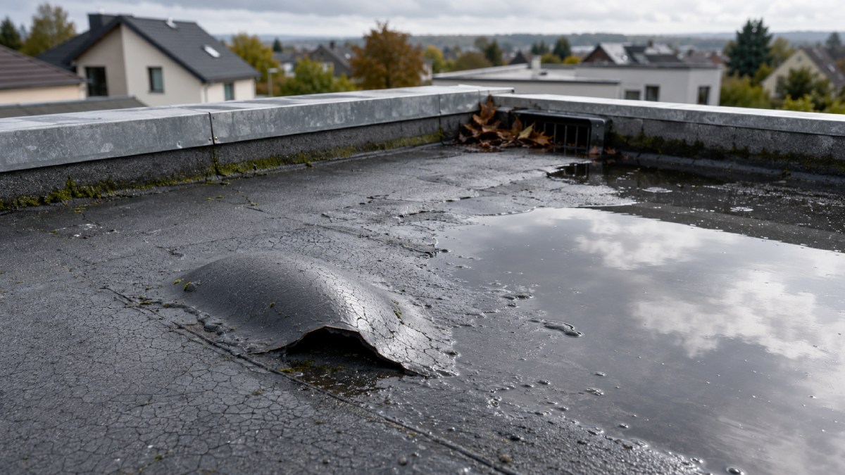 Vue rapprochée en plongée légère sur un toit plat de maison individuelle contemporaine française, membrane d'étanchéité bitumineuse gris anthracite vieillissante présentant des cloques visibles, des craquelures en faïençage et une flaque d'eau stagnante après la pluie, reflet du ciel nuageux dans la flaque