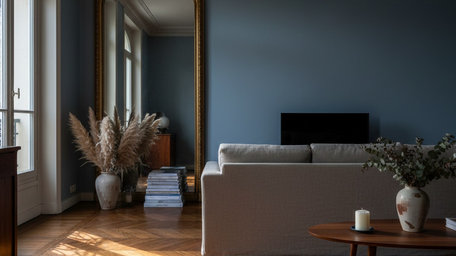 Salon haussmannien au parquet en point de Hongrie, traversé d'un rectangle de lumière dorée rasante en fin de journée.