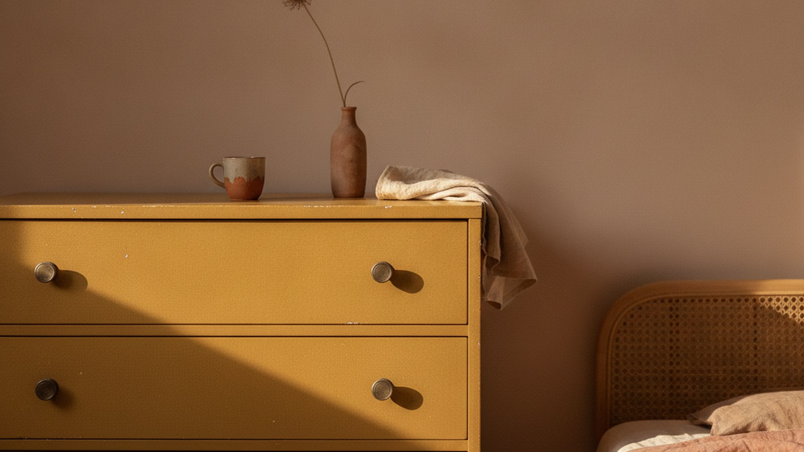 Commode vintage années 60 en Formica jaune moutarde contre un mur beige rosé, éclairée par une lumière dorée dans une chambre