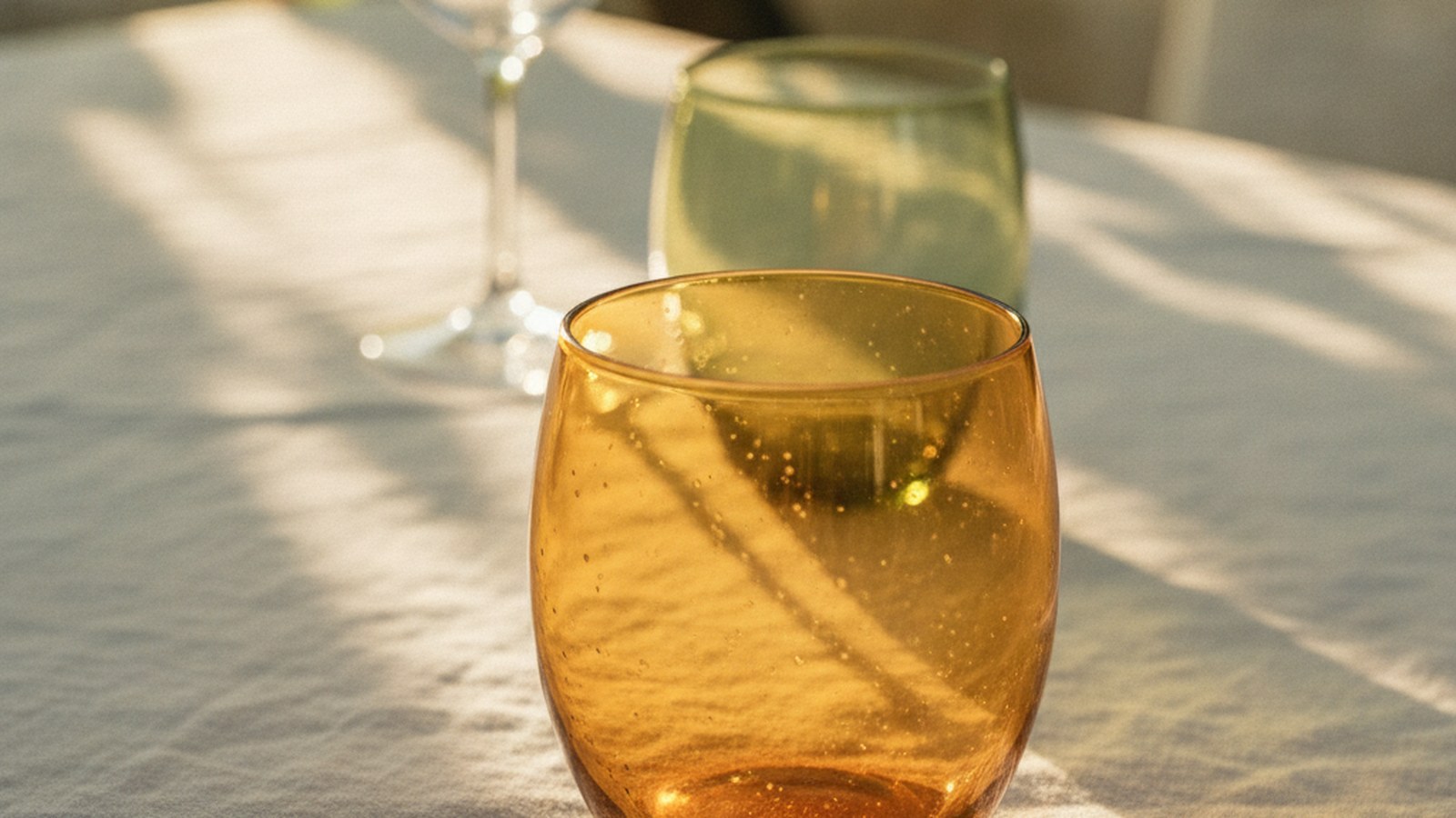 Verre soufflé ambré sur nappe en lin écru froissé, éclairé par une lumière dorée filtrée à travers une pergola végétalisée.