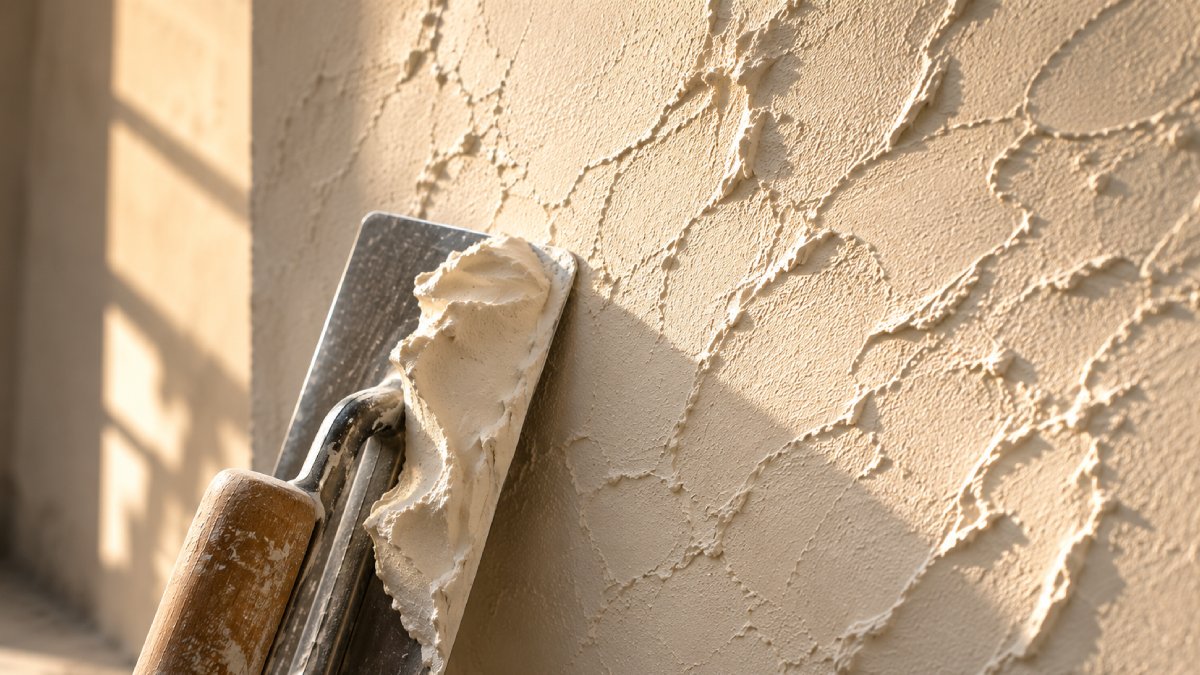 Taloche en inox couverte d'enduit blanc posée contre un mur texturé éclairé par une lumière rasante