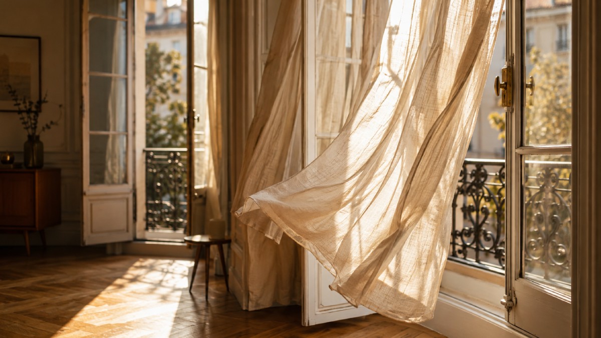 Fenêtres ouvertes d'un salon avec un voilage en lin soulevé par le courant d'air, lumière dorée sur parquet en chêne
