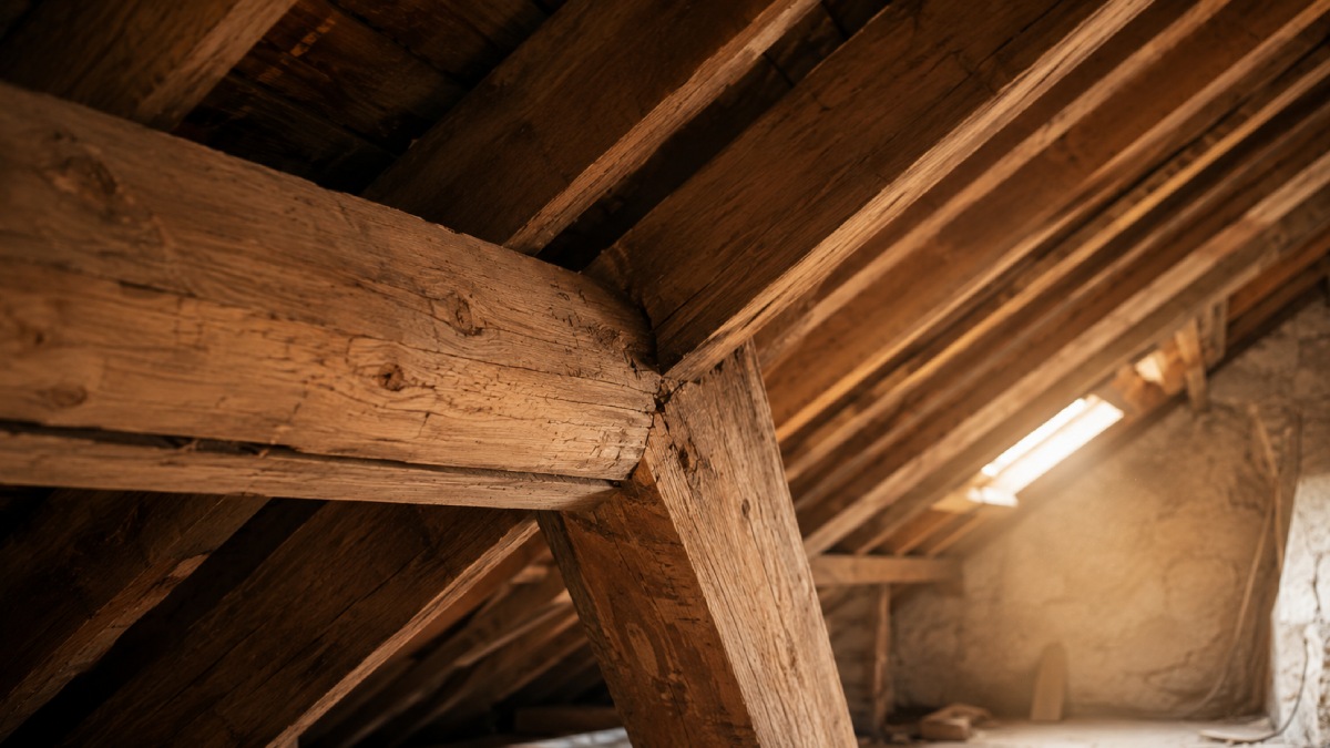 Pannes et chevrons en chêne d'une charpente traditionnelle à deux pans, vus depuis les combles dans une lumière dorée de fin de journée