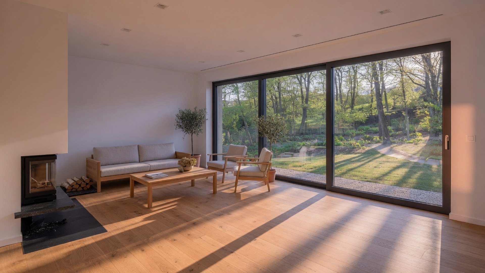 Salon d'une maison passive neuve au Luxembourg avec baies vitrées pleine hauteur, parquet chêne clair et lumière de fin d'après-midi sur jardin boisé