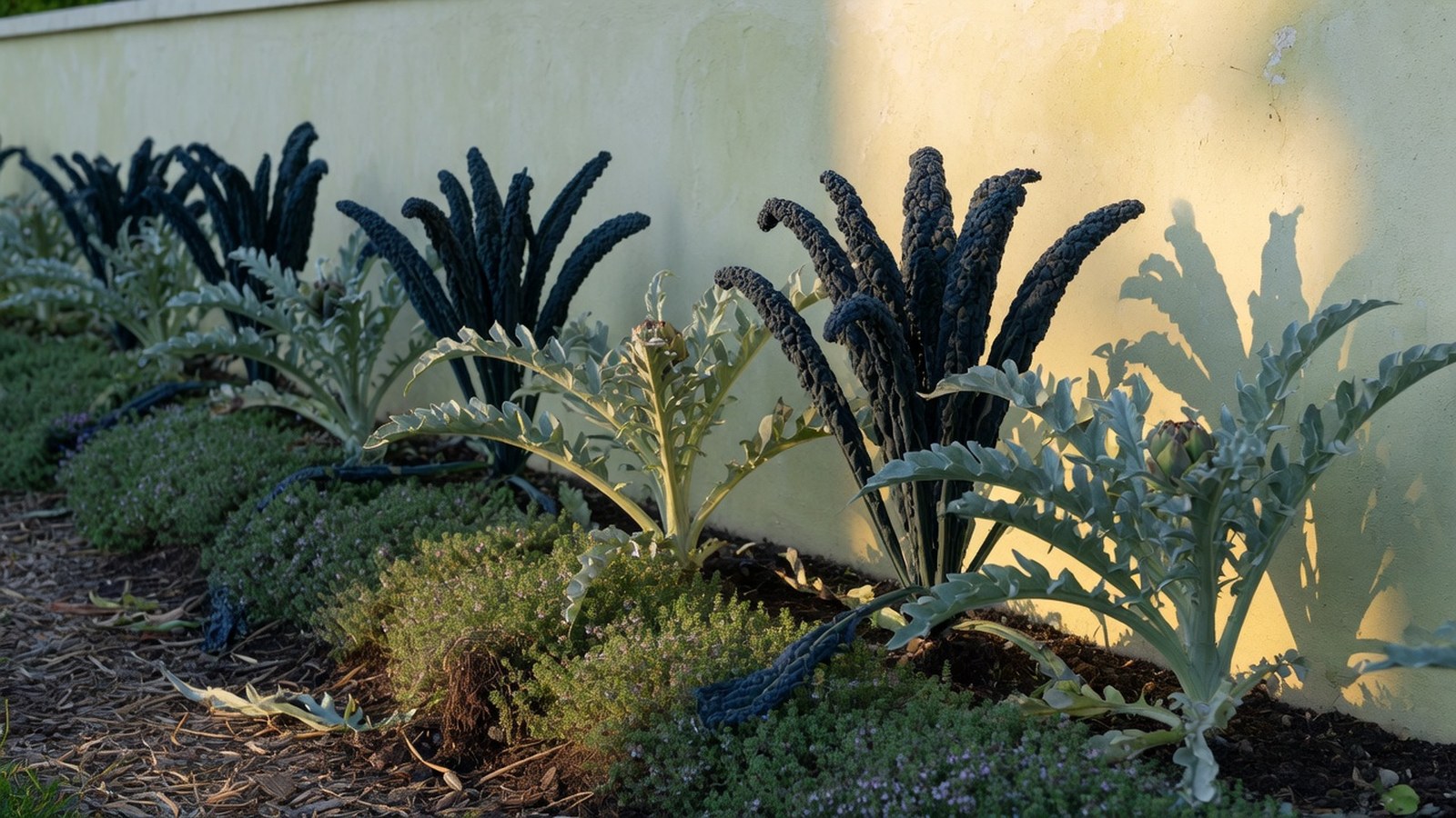 Potager en trois strates au pied d'une façade crème : artichauts aux feuilles grises et chou noir alignés en rangée, éclairag