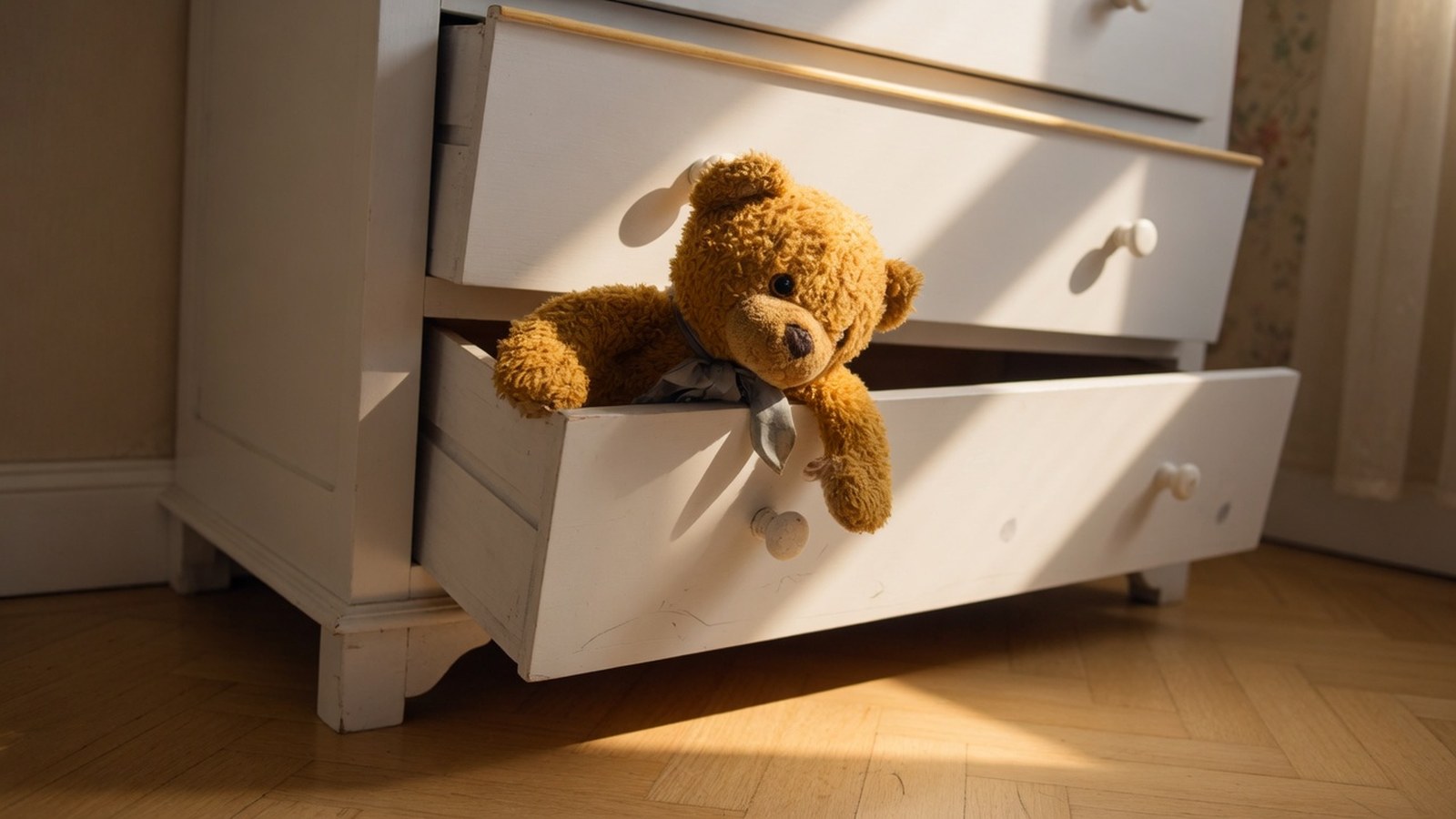 Commode blanche enfant en contre-plongée, premier tiroir ouvert et incliné, lumière matinale douce