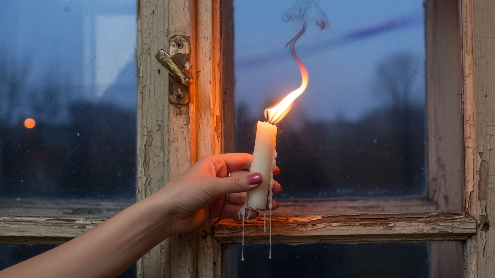 Main tenant une bougie allumée près d'un cadre de fenêtre en bois, la flamme pliée par un courant d'air, lumière de crépuscul