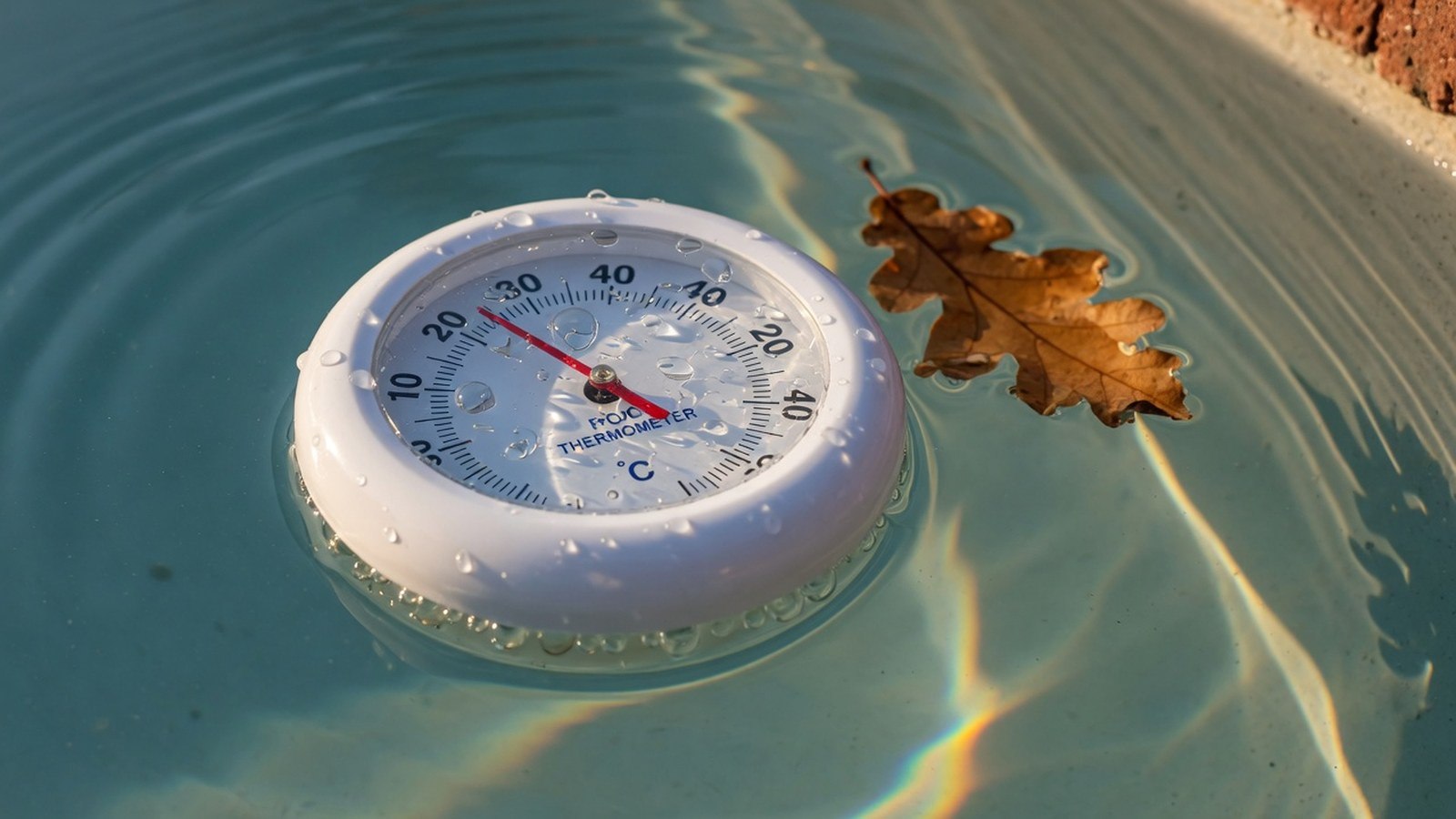 Thermomètre flottant sur piscine bleu-vert : gouttelettes d'eau, feuille morte et ondulations, lumière automnale.