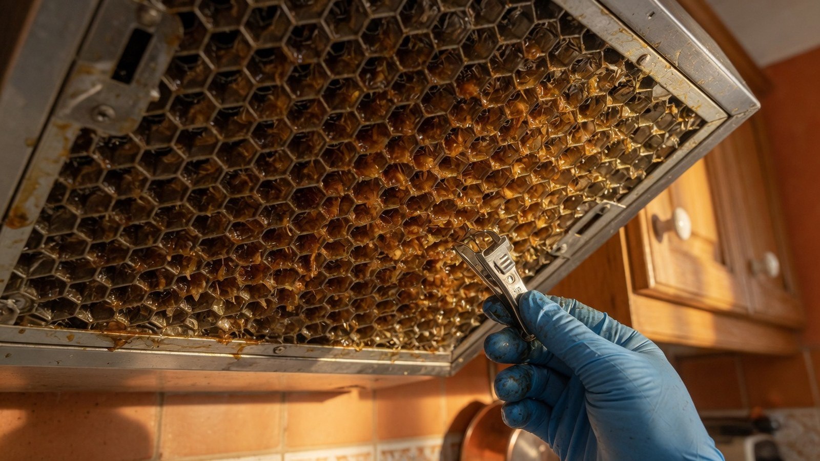 Gros plan d'une grille de filtre de hotte recouverte de résidus gras, main gantée, éclairée en lumière rasante