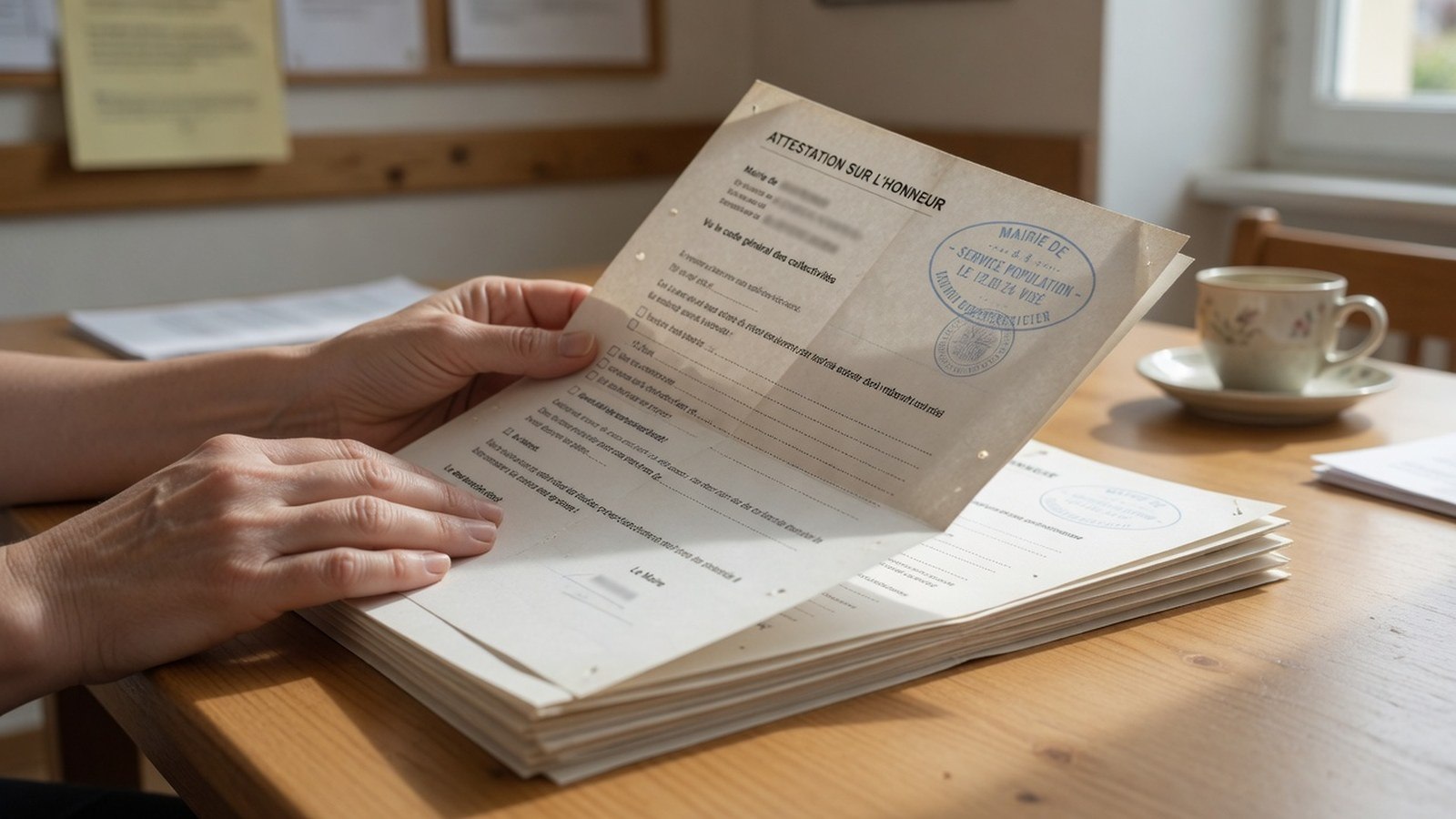 Mains posées sur un dossier administratif ouvert à une table en bois, formulaire d'attestation officiel avec tampon visible