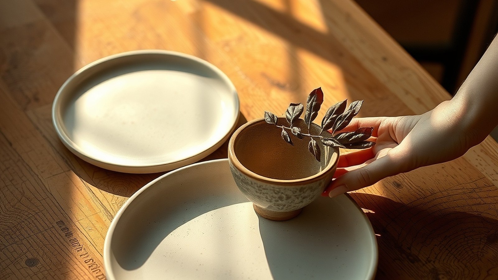 Table en bois brut, lumière dorée automne, deux assiettes blanches et bol en grès fait main glaçure brun crème