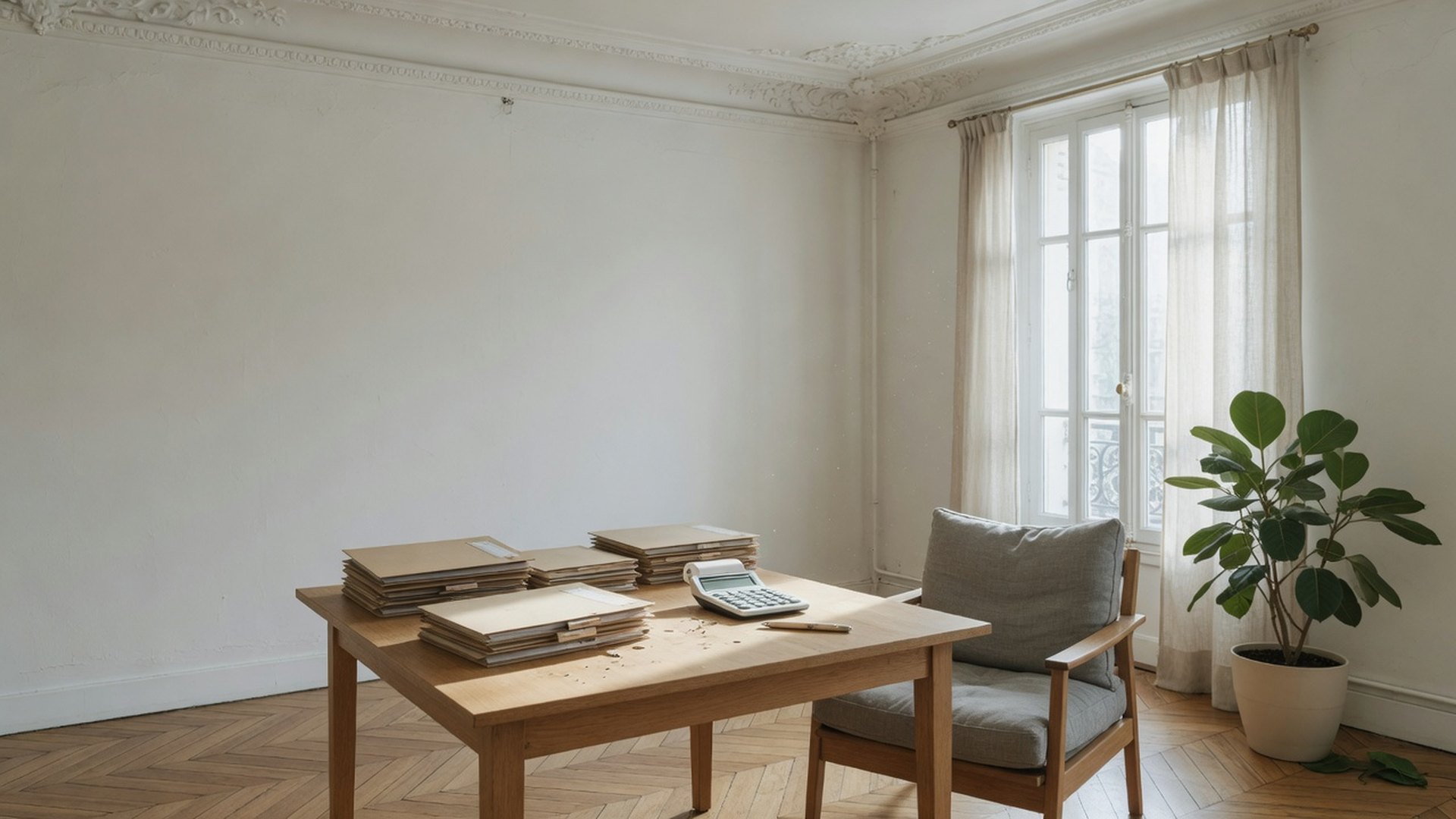 Table en chêne couverte de chemises de dossiers dans un séjour haussmannien lumineux au parquet en point de Hongrie