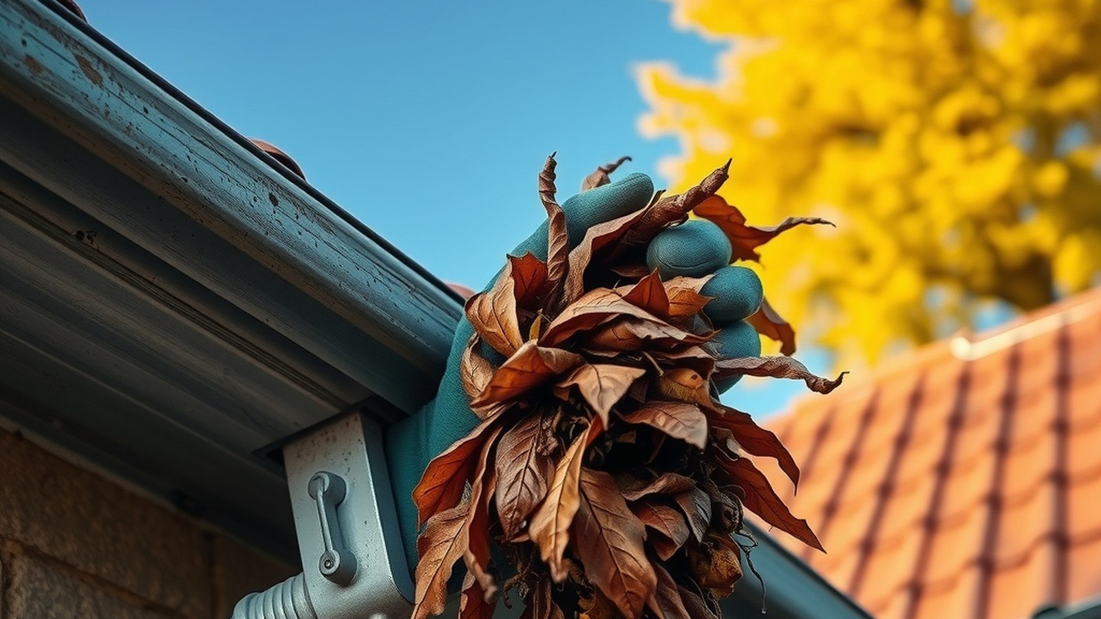Mains gantées retirant des feuilles mortes d'une gouttière zinc obstruée, sur toiture avec tuiles terracotta.