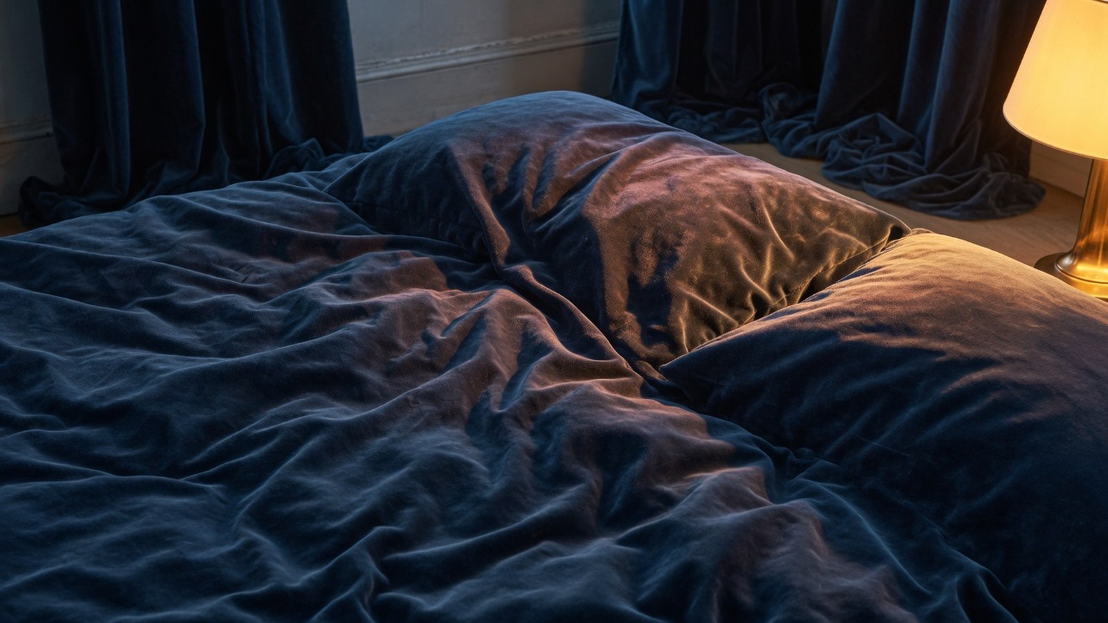 Lit avec couette bleu nuit en velours, rideaux occultants assortis, lampe de chevet allumée