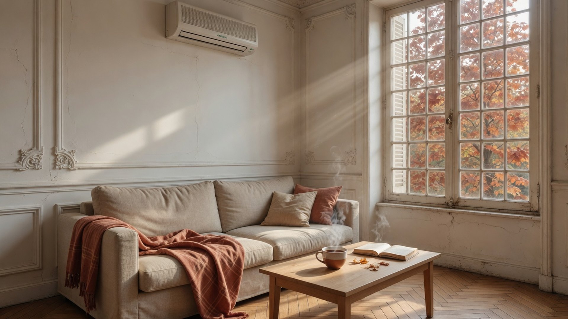 Salon lumineux avec climatisation murale blanche au-dessus d'un canapé en lin, parquet en chêne et lumière d'automne