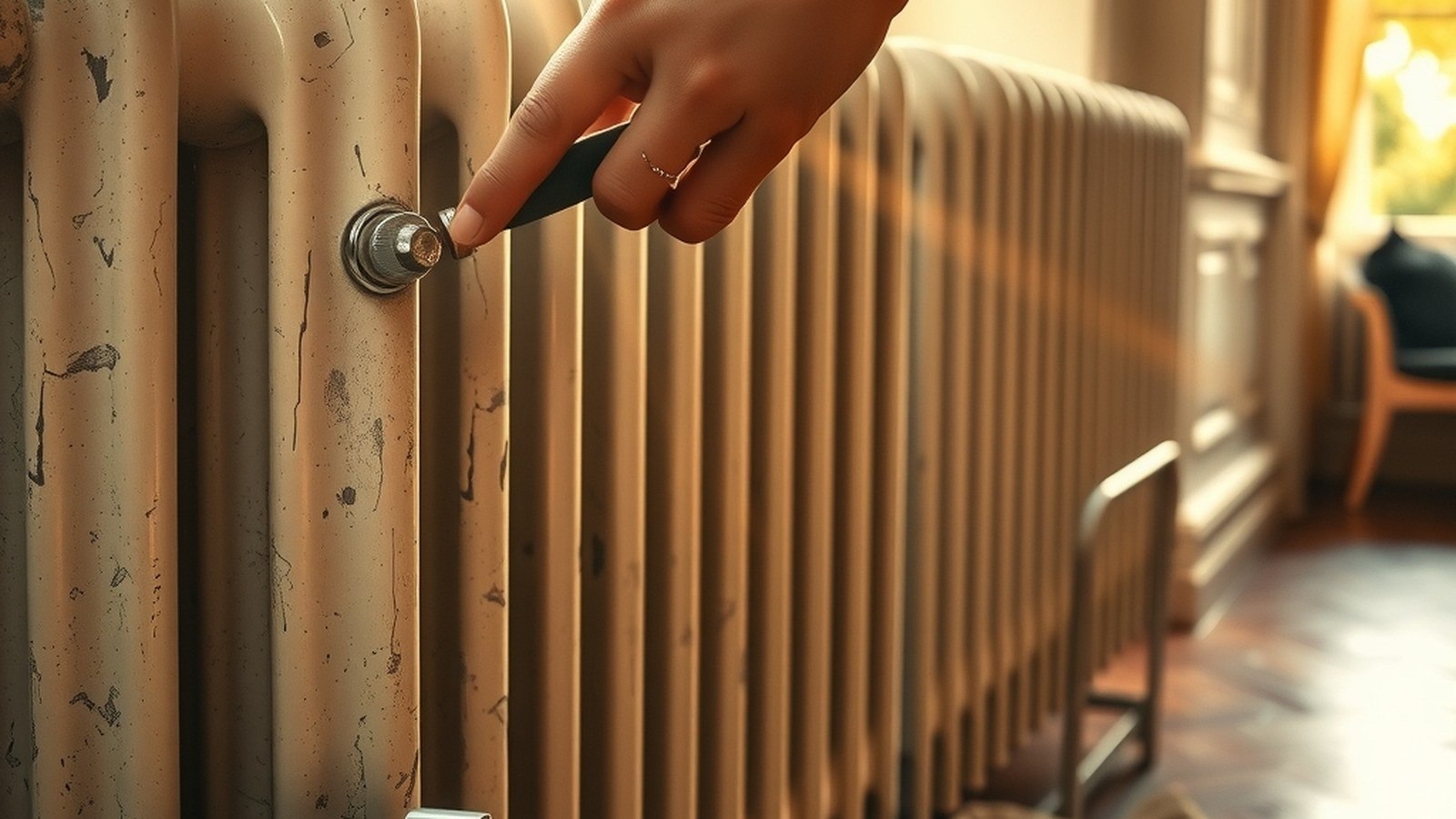 Main tournant le robinet thermostatique d'un radiateur en fonte blanc écaillé, lumière d'automne