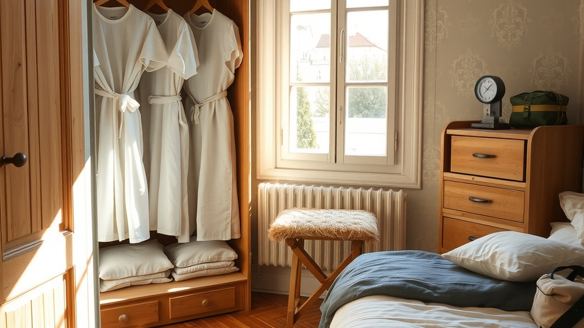 Penderie ouverte dans une chambre à parquet et moulures, avec robes en lin sur cintres en bois, housses en coton écru et hygromètre sur l'étagère