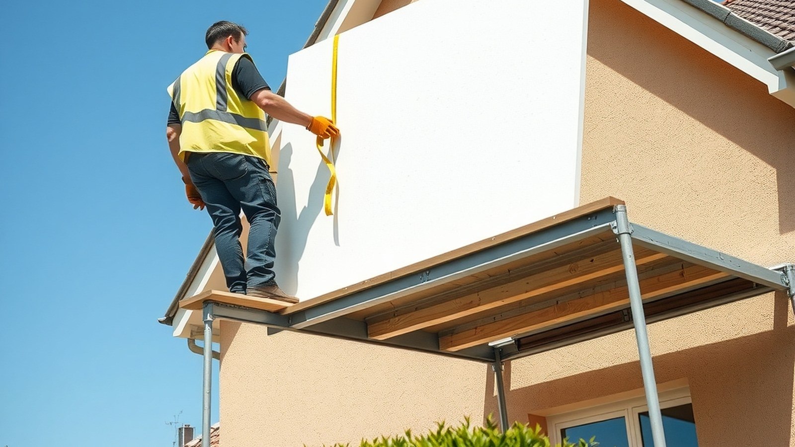 Ouvrier sur échafaudage posant un panneau d'isolant blanc contre le mur d'une maison beige
