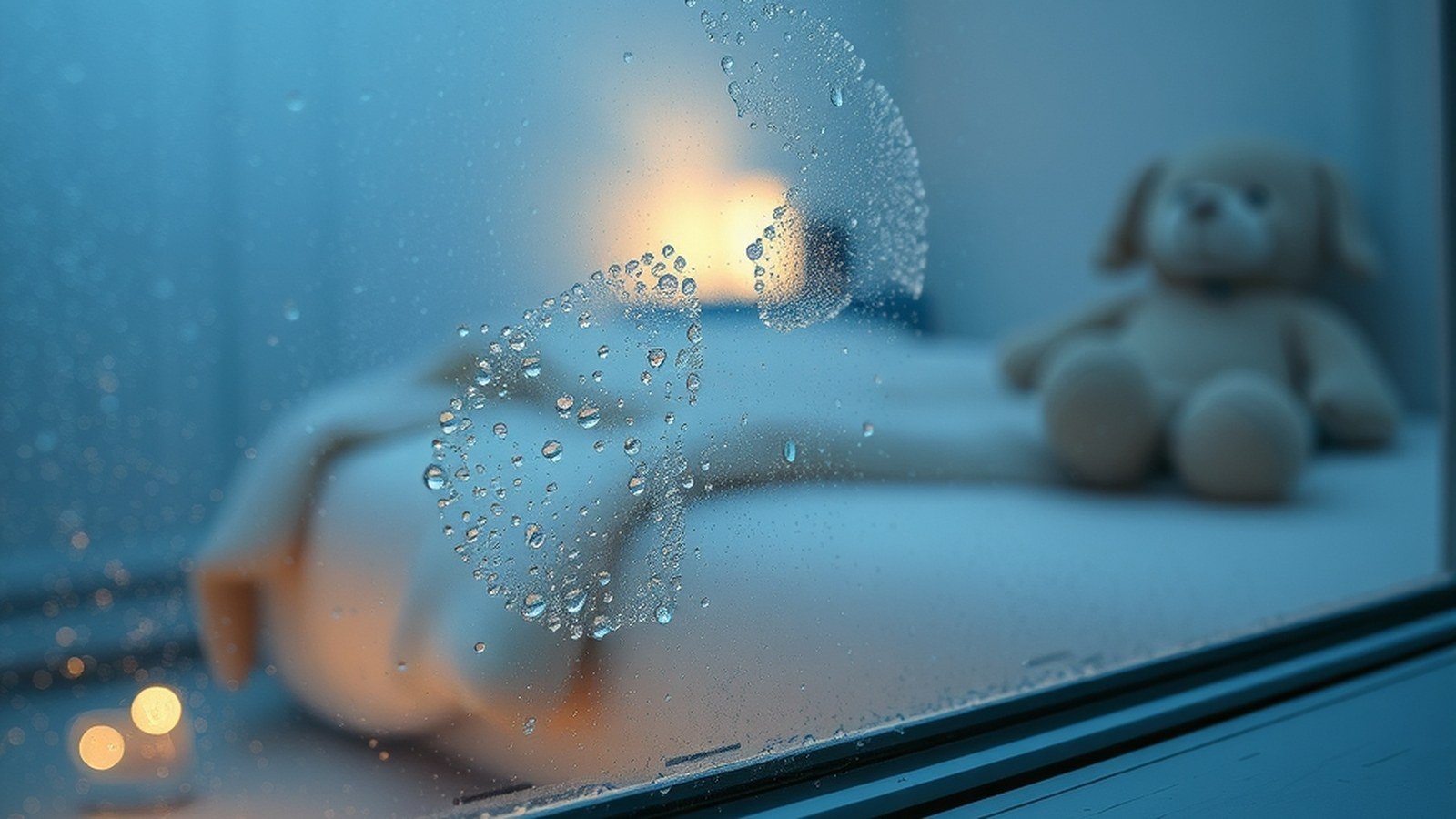 Vitre de chambre d'enfant couverte de gouttelettes d'eau, appui blanc peint, lumière bleue du matin