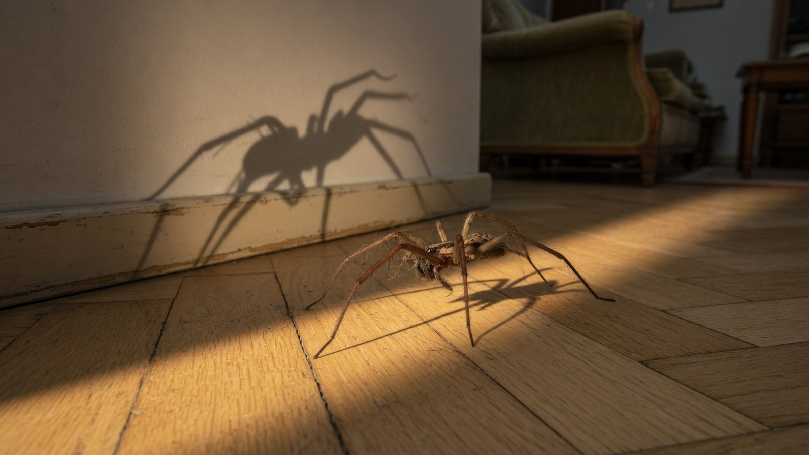 Araignée tégénaire sur parquet chêne, sous rayon de lampe chaleureuse, prise en gros plan très rapproché