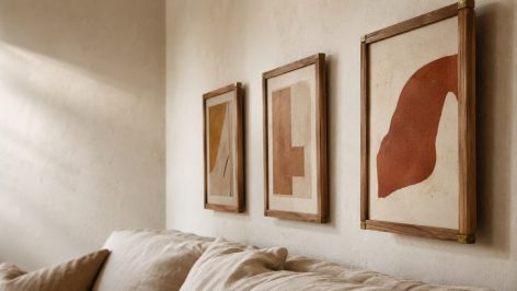 Composition de trois cadres en chêne et laiton écartés au-dessus d'un canapé en lin écru, sur un grand mur clair balayé par une lumière rasante