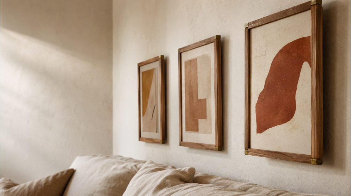 Composition de trois cadres en chêne et laiton écartés au-dessus d'un canapé en lin écru, sur un grand mur clair balayé par une lumière rasante