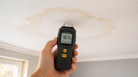 Une auréole d'humidité aux contours beige clair en cours de séchage sur un plafond en plâtre blanc, avec une main tenant un humidimètre à pointes contre la zone