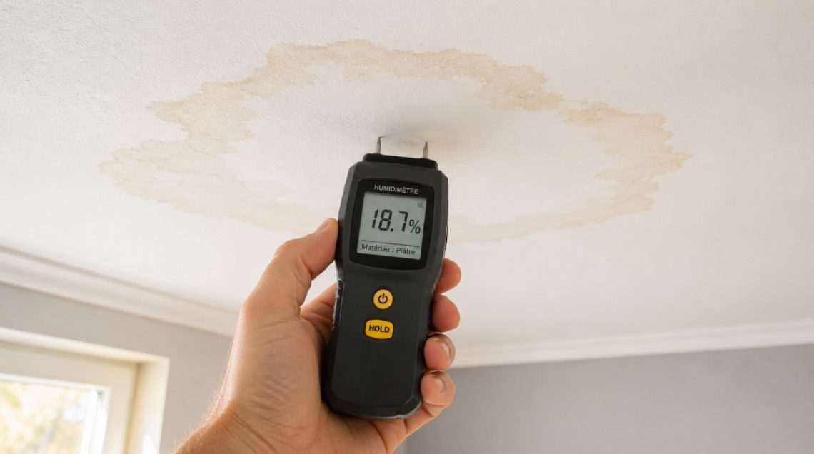 Une auréole d'humidité aux contours beige clair en cours de séchage sur un plafond en plâtre blanc, avec une main tenant un humidimètre à pointes contre la zone