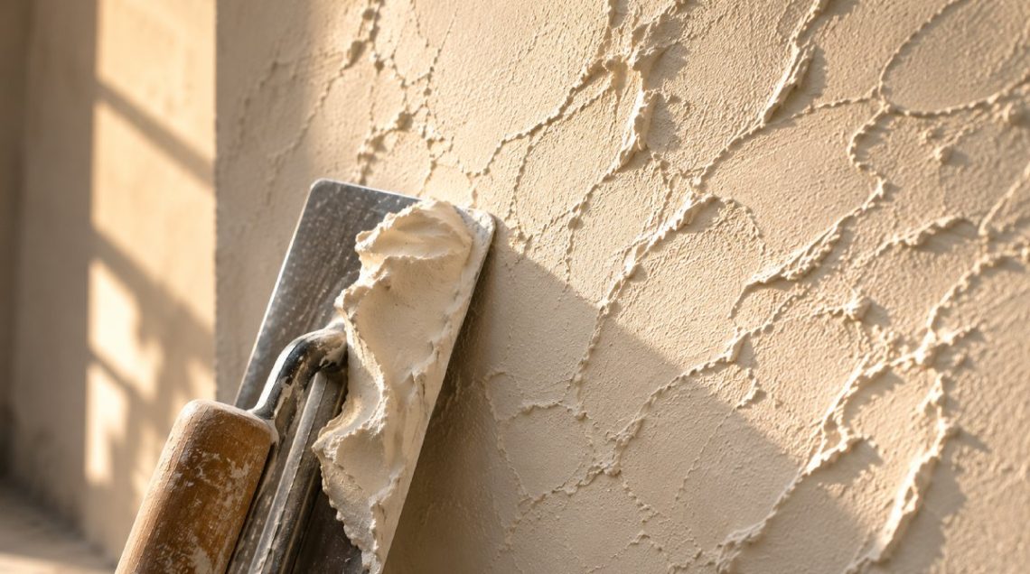 Taloche en inox couverte d'enduit blanc posée contre un mur texturé éclairé par une lumière rasante