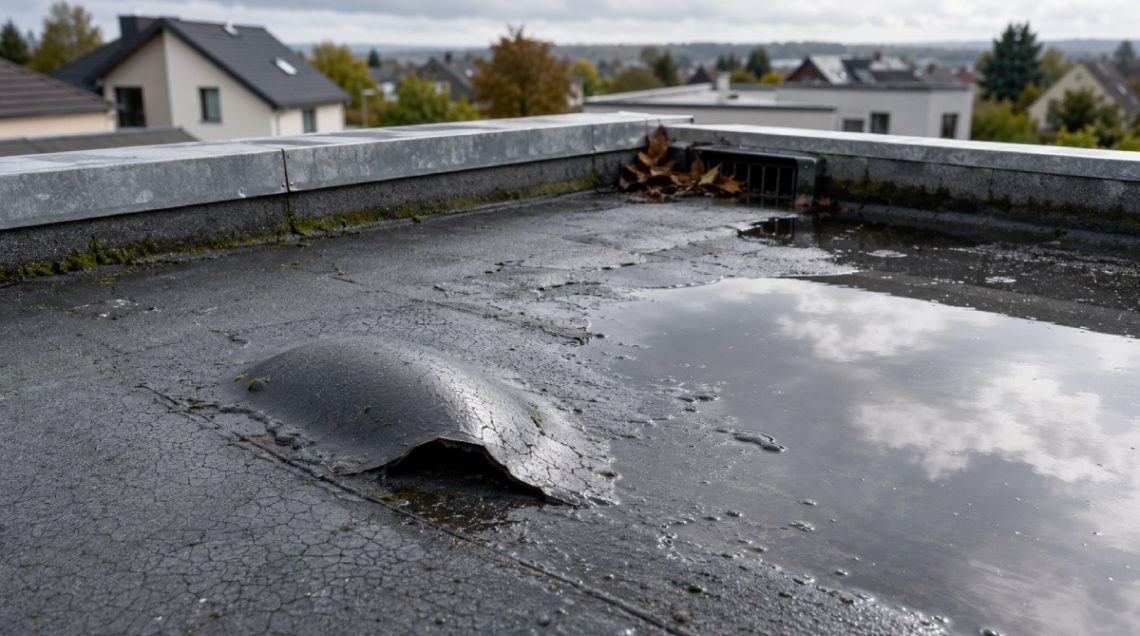 Vue rapprochée en plongée légère sur un toit plat de maison individuelle contemporaine française, membrane d'étanchéité bitumineuse gris anthracite vieillissante présentant des cloques visibles, des craquelures en faïençage et une flaque d'eau stagnante après la pluie, reflet du ciel nuageux dans la flaque