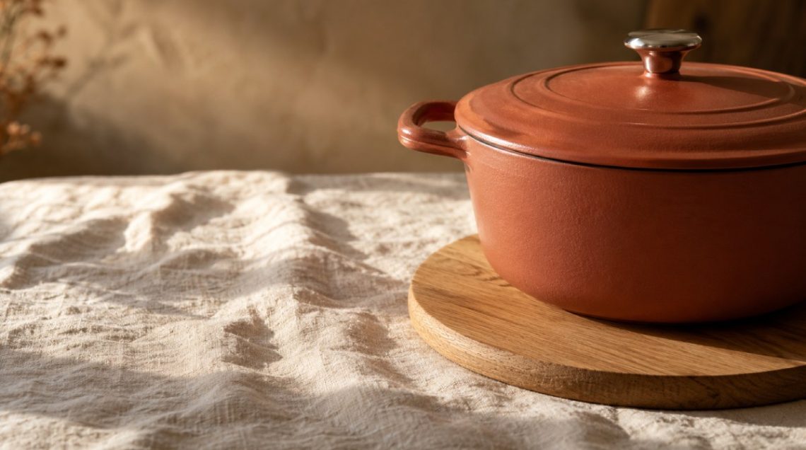 Cocotte en fonte terracotta posée sur un sous-plat rond en chêne, sur une nappe en lin lavé écru, en lumière rasante