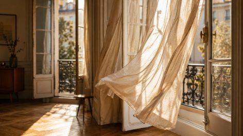 Fenêtres ouvertes d'un salon avec un voilage en lin soulevé par le courant d'air, lumière dorée sur parquet en chêne