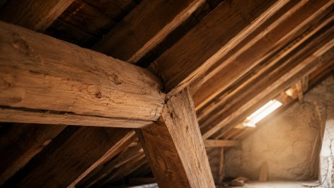 Pannes et chevrons en chêne d'une charpente traditionnelle à deux pans, vus depuis les combles dans une lumière dorée de fin de journée