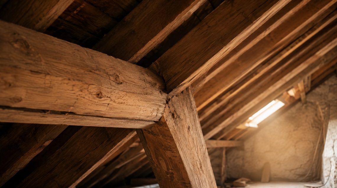 Pannes et chevrons en chêne d'une charpente traditionnelle à deux pans, vus depuis les combles dans une lumière dorée de fin de journée