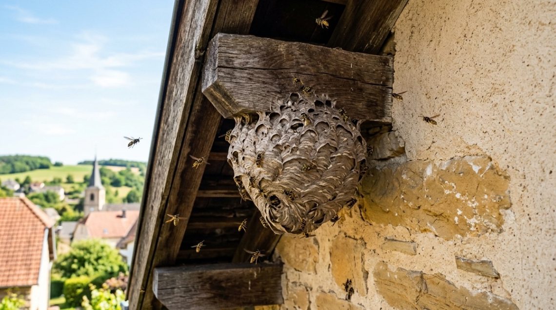 Intervention de destruction de nid de guepes actif sous une toiture au Luxembourg par un professionnel.Cest 65,83,67,73,73,0,0,0,76,117,120,101,109,98,111,117,114,103,44,32,78,117,105,115,105,98,108,101,46,108,117
