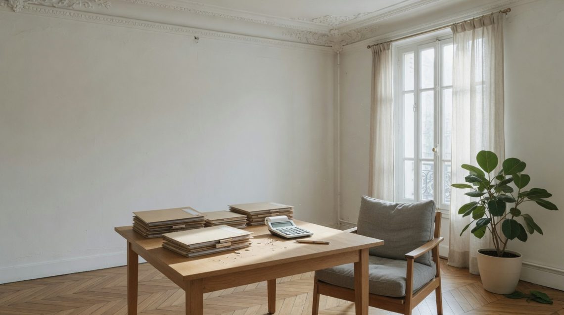 Table en chêne couverte de chemises de dossiers dans un séjour haussmannien lumineux au parquet en point de Hongrie