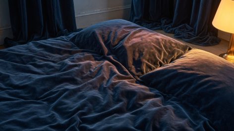 Lit avec couette bleu nuit en velours, rideaux occultants assortis, lampe de chevet allumée