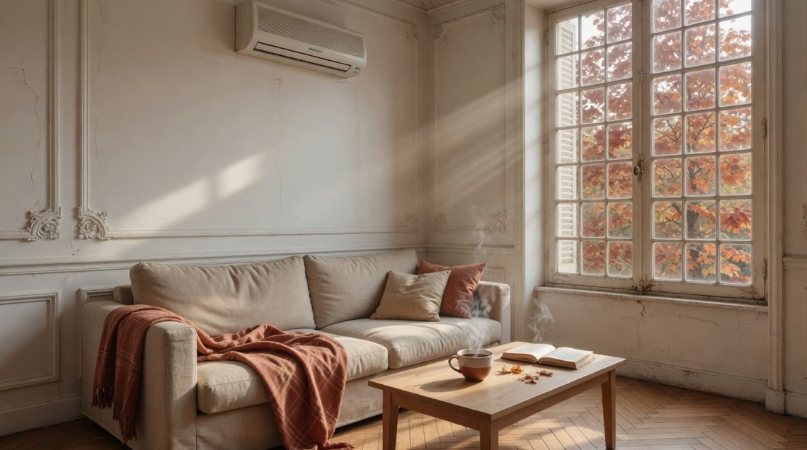 Salon lumineux avec climatisation murale blanche au-dessus d'un canapé en lin, parquet en chêne et lumière d'automne
