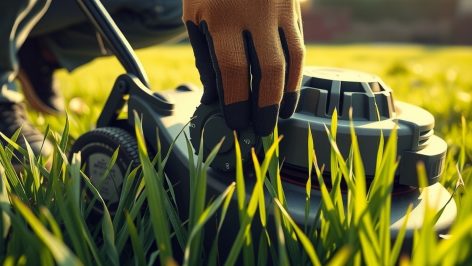 Main gantée ajustant le sélecteur de hauteur d'une tondeuse à gazon en jardin