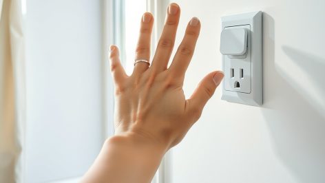 Main près d'une prise électrique sur mur blanc froid, lumière hivernale, volet roulant sous la fenêtre