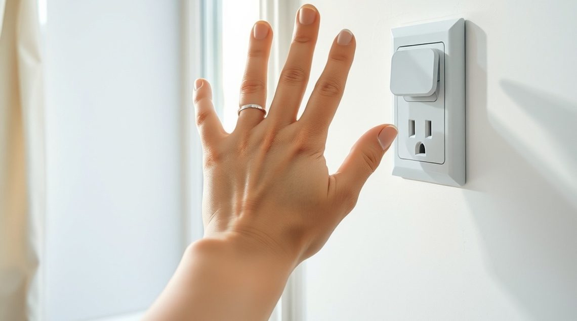 Main près d'une prise électrique sur mur blanc froid, lumière hivernale, volet roulant sous la fenêtre