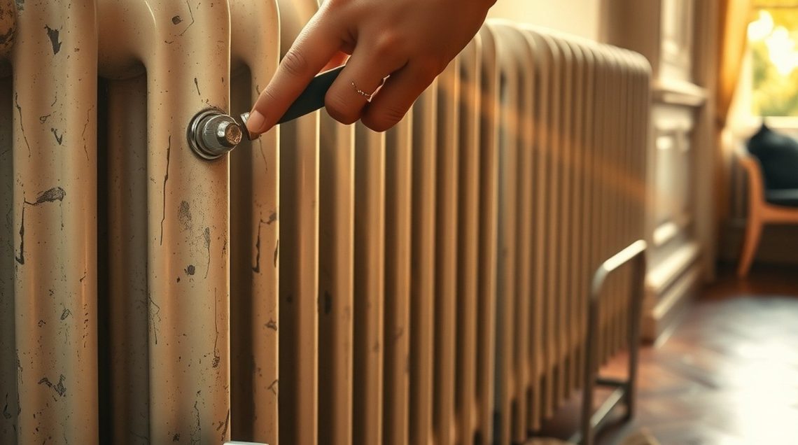 Main tournant le robinet thermostatique d'un radiateur en fonte blanc écaillé, lumière d'automne