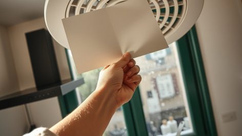 Main nue au manche de lin écru plaquant une feuille blanche aspirée contre une grille de ventilation ronde au plafond.