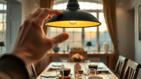 Main ajustant une suspension noire au-dessus d'une table à manger mise pour le diner, années 1970