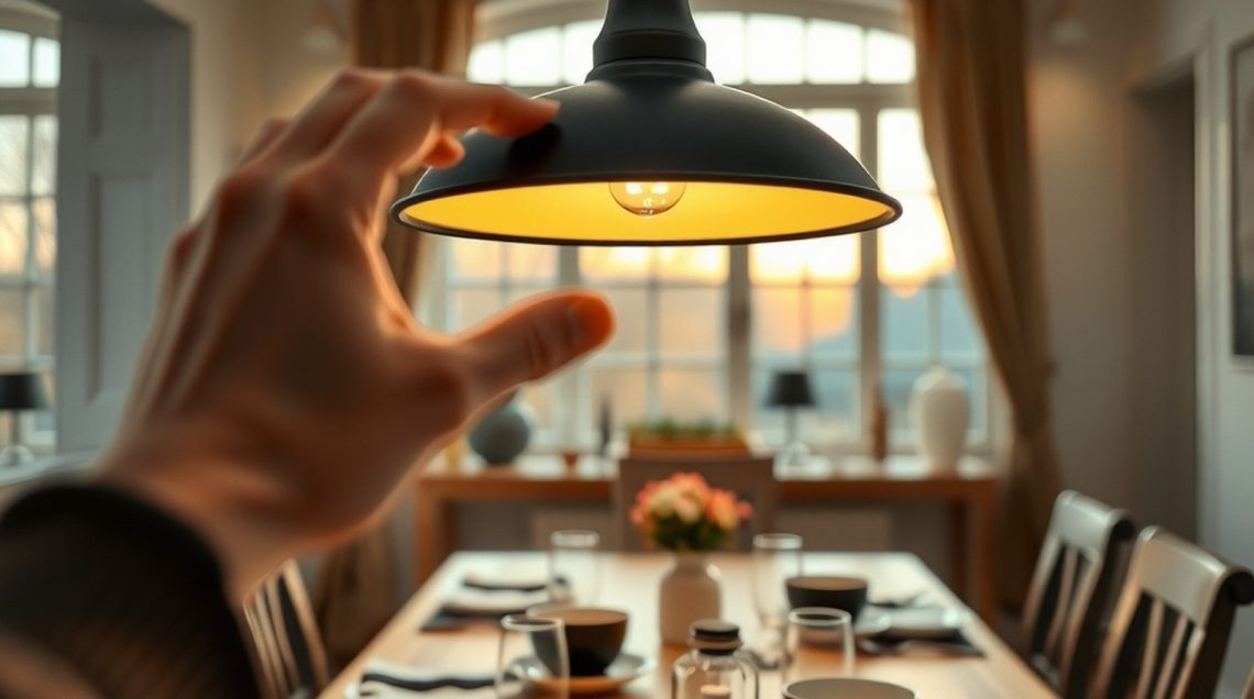 Main ajustant une suspension noire au-dessus d'une table à manger mise pour le diner, années 1970