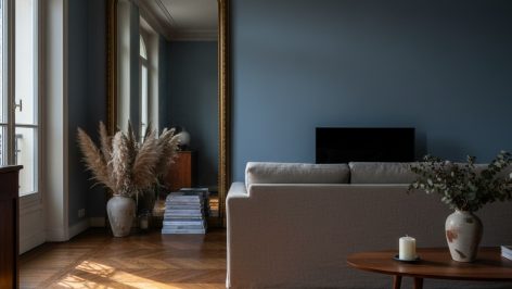Salon haussmannien au parquet en point de Hongrie, traversé d'un rectangle de lumière dorée rasante en fin de journée.